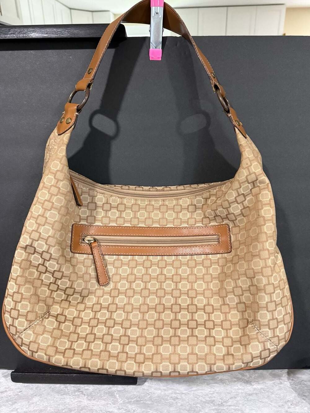 Y2K Nine West Geo Print Monogram Hobo Shoulder Bag with Faux Leather Trim